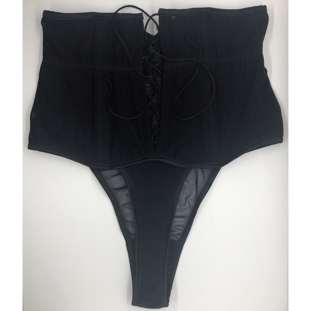 Vintage Y2K High Waist Thong / Lace Up / Corset / Sheer Black / XS